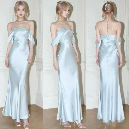 Light Blue Off Shoulder Mermaid Satin Long Party Dress Wedding Guest Dress, D852