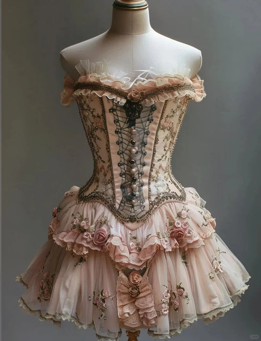 Retro Strapless 3D Flowers Design Lolita Princess Dress A-line Beaded Chiffon Party Dress Homecoming Dress D1569
