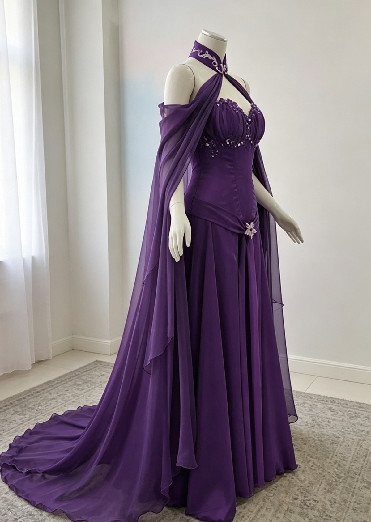 Purple Sweetheart A-Line Chiffon Long Party Dress Vintage Evening Dress, D784