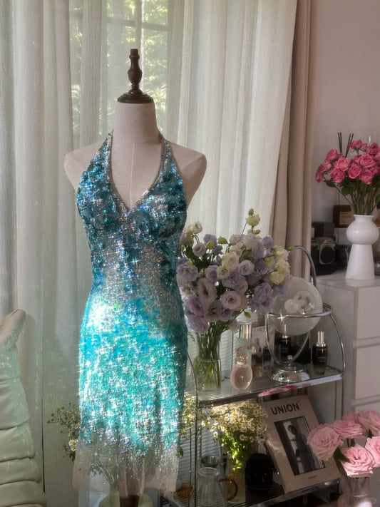 Shiny Homecoming Dress Halter Sequins Dress Back to School Outfits Party Dress  D6436
