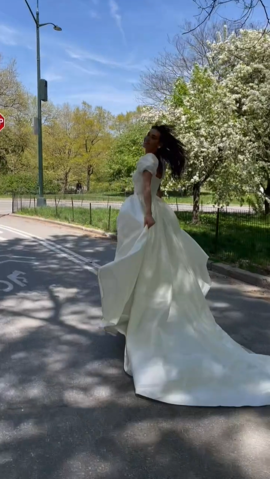White A-Line Short Sleeves Satin Elegant Long Wedding Dress MD7510