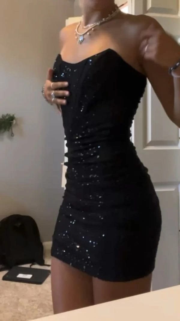 Pretty Homecoming Dress Strapless Black Sequins Hugging Back to School Outfits Party Dress D6984