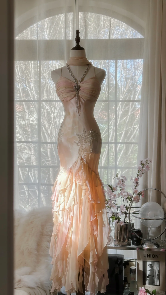 Vintage Mermaid Beaded Floral Design Romantic Chiffon Evening Dress Prom Dress D1512
