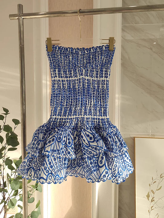 Vintage Dark Blue Pattern Design Strapless Mini Party Dress Homecoming Dress D1524