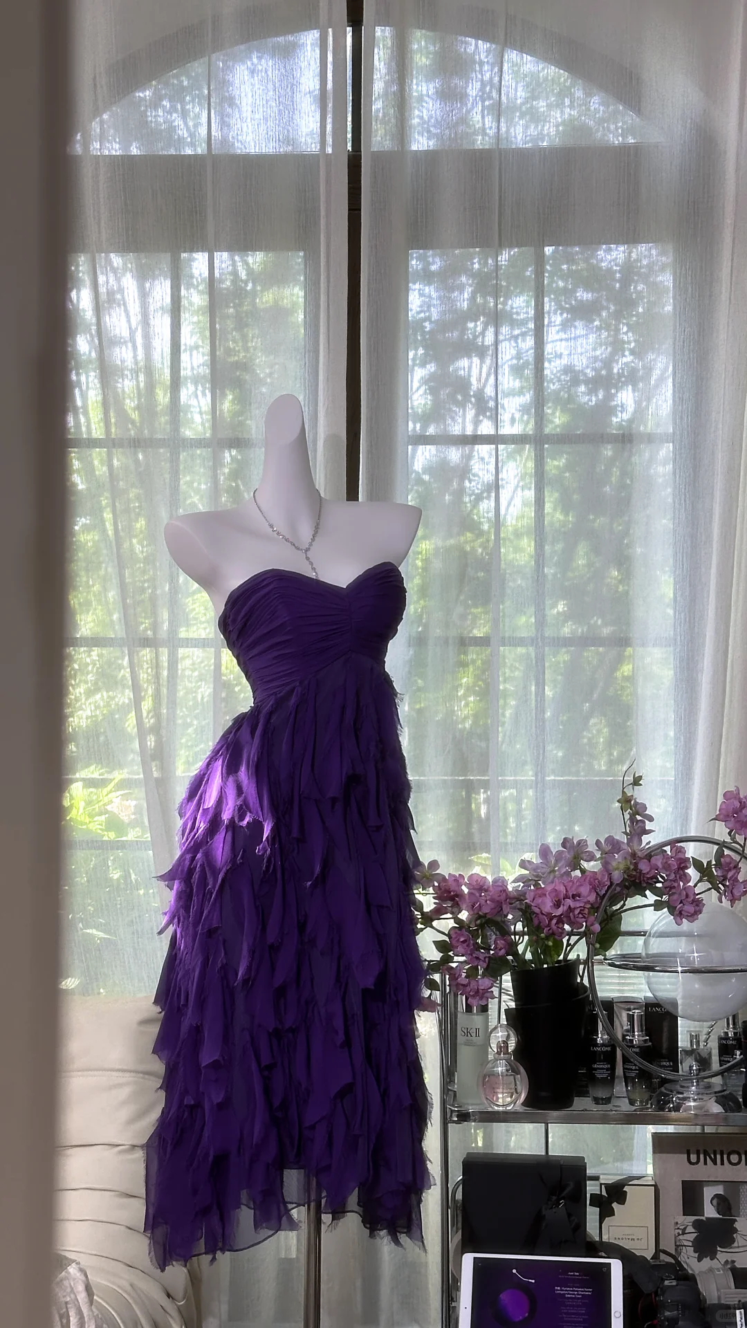 Elegant Purple Sweetheart Strapless Romantic A-Line Chiffon Tiered Evening Dress Prom Dresses D1609