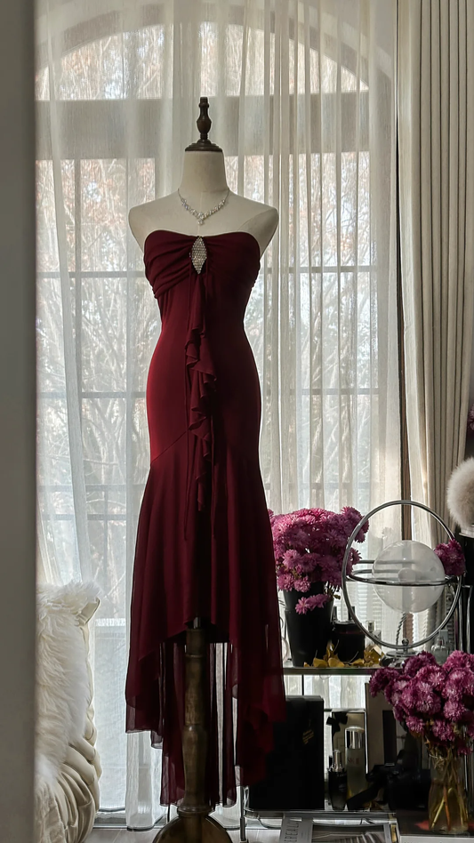 Elegant Burgundy Strapless Gorgeous Beaded Chiffon Evening Dress Prom Dress D1471