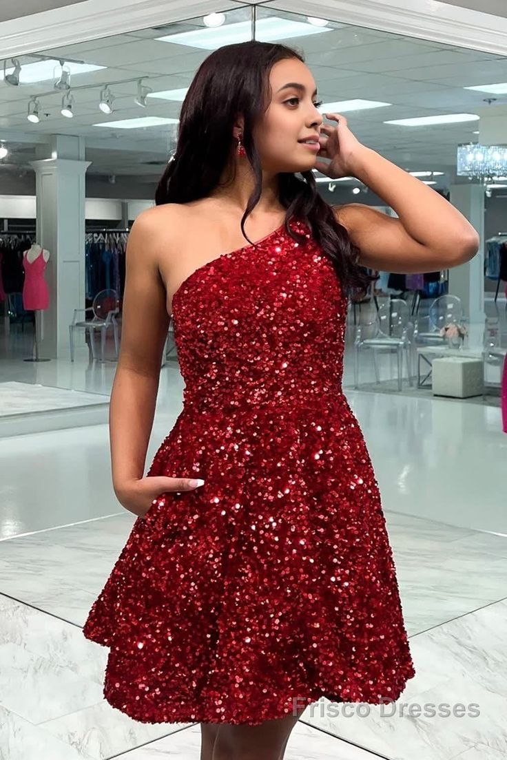 Pretty Homecoming Dress One Shoulder Sequins Back to School Outfits Party Dress D6704