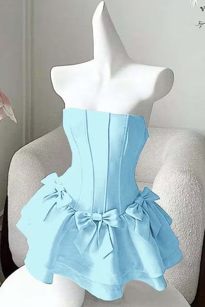 Beautiful Homecoming Dress Strapless Pleated Bowknot Back to School Outfits Party Dress D7249