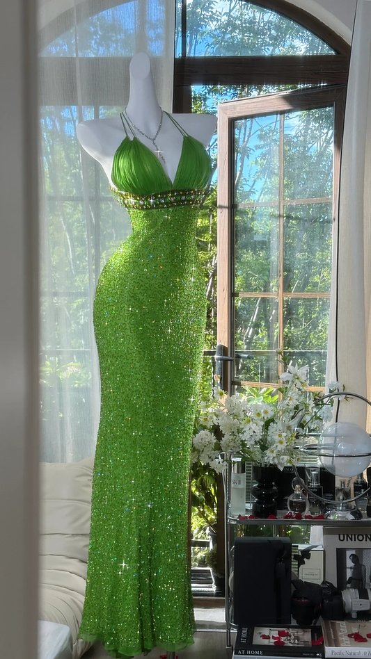 Shiny Green Sequined V-neck Spaghetti Strap Design Chiffon Prom Dress Evening Dress D1707