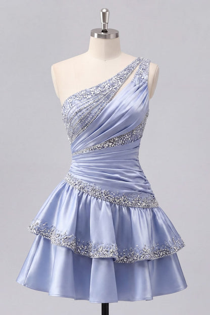 Beautiful Homecoming Dress One Shoulder Rinestone Pleated Cascade Back to School Outfits Party Dress D7223
