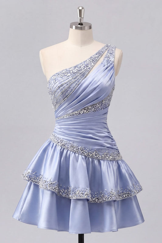Beautiful Homecoming Dress One Shoulder Rinestone Pleated Cascade Back to School Outfits Party Dress D7223