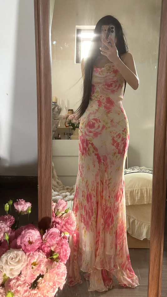 Retro Pink Floral Spaghetti Strap Design Elegant Chiffon Evening Dress Prom Dresses D1489