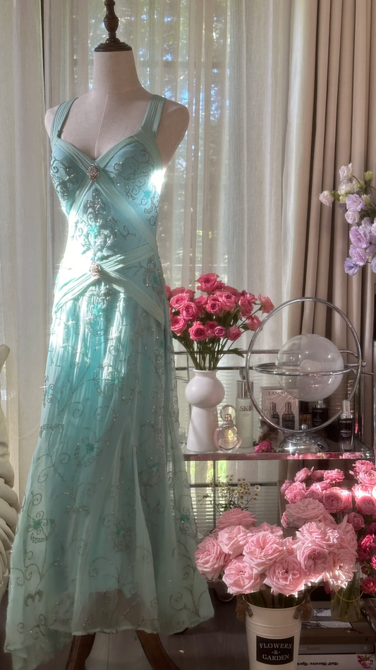 Retro Sparkling Light Blue Sweetheart Design A-line Romantic Chiffon Evening Dress Prom Dress D1480