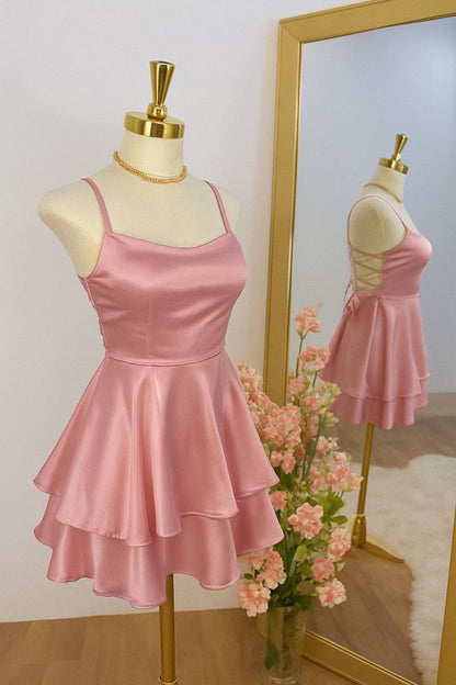 Chic Homecoming Spaghetti Strap Pink Back to School Outfits Party Dress D6725
