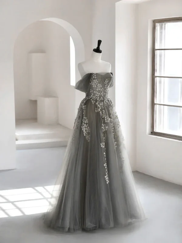 Green tulle lace long prom dress A line evening dress M5323
