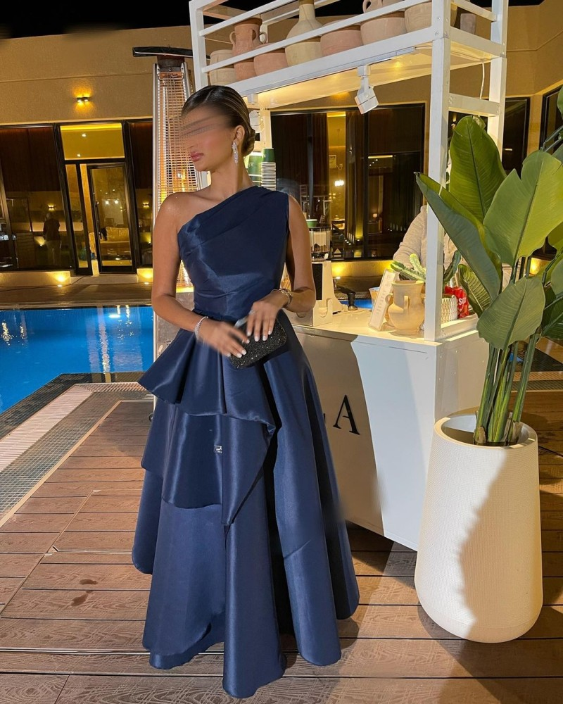 Navy Blue One Shoulder A-Line Satin Long Formal Evening Party Dress MD7824