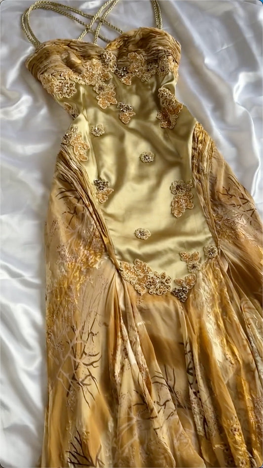 Vintage Golden Sweetheart Applique A-line Spaghetti Strap Evening Dress Prom Dresses, D1433