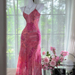 Retro Pink V-neck Floral Elegant Chiffon Evening Dress Prom Dresses D1612