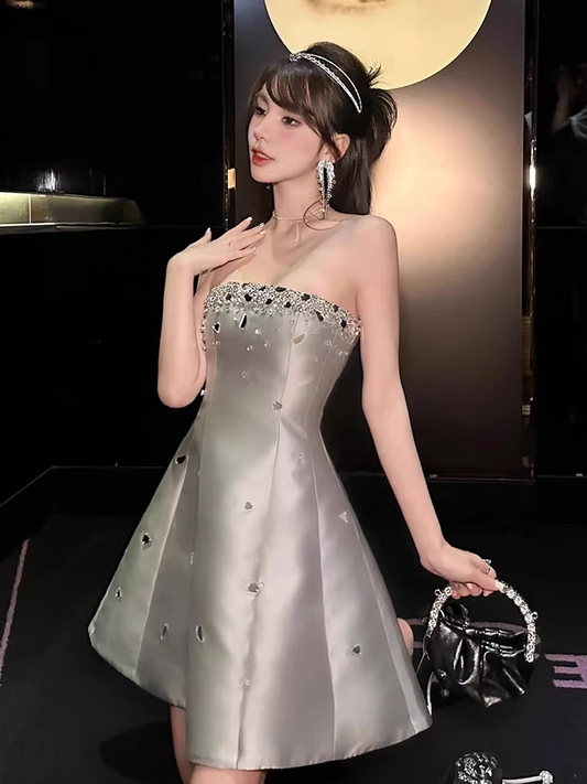 Vintage Silvery Beading Strapless Design A-line Party Dress Homecoming Dress, D1380