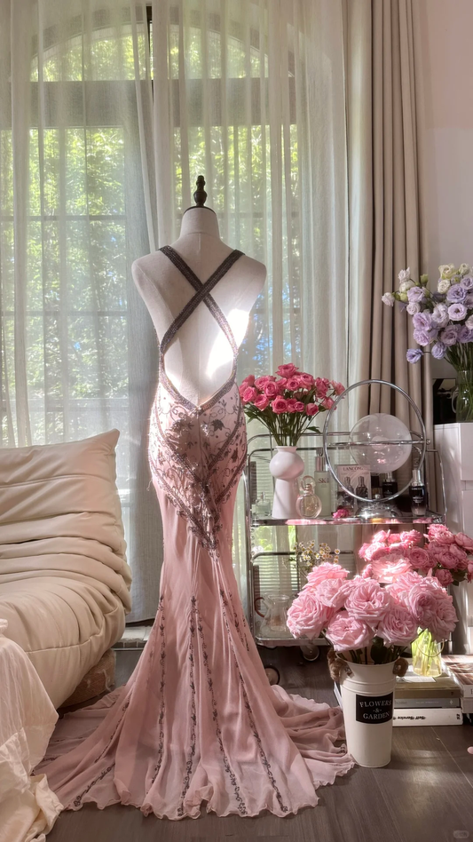 Vintage Pink V-neck Applique Design Elegant Chiffon Evening Dress Prom Dresses D1492