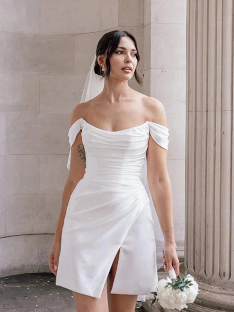 Charming Homecoming Dress Off the Shoulder Pleated Back to School Outfits Party Dress Wedding Dress D7323