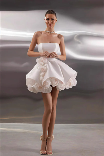 Beautiful Homecoming Dress Strapless Flower Pleated Back to School Outfits Party Dress D7243