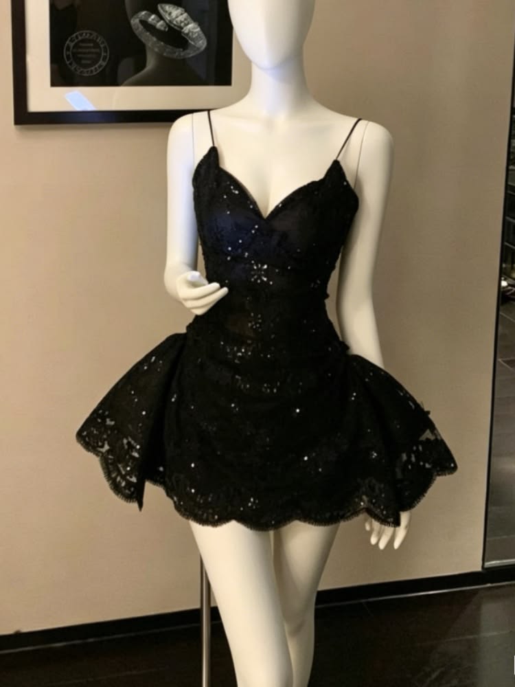 Chic Homecoming Dress V Neck Black Sequins Back to School Outfits Party Dress D6735