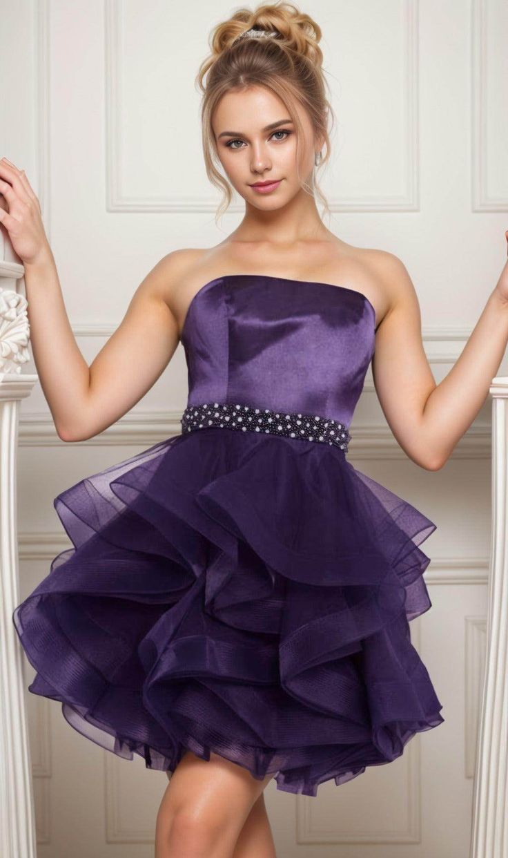 Unique Homecoming Dress Strapless Beaded Organza Cascade Back to School Outfits Party Dress D7763