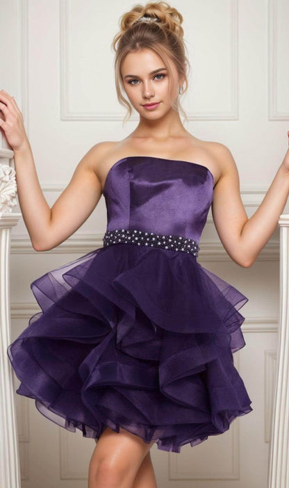 Unique Homecoming Dress Strapless Beaded Organza Cascade Back to School Outfits Party Dress D7763