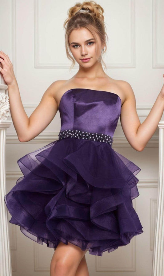 Unique Homecoming Dress Strapless Beaded Organza Cascade Back to School Outfits Party Dress D7763