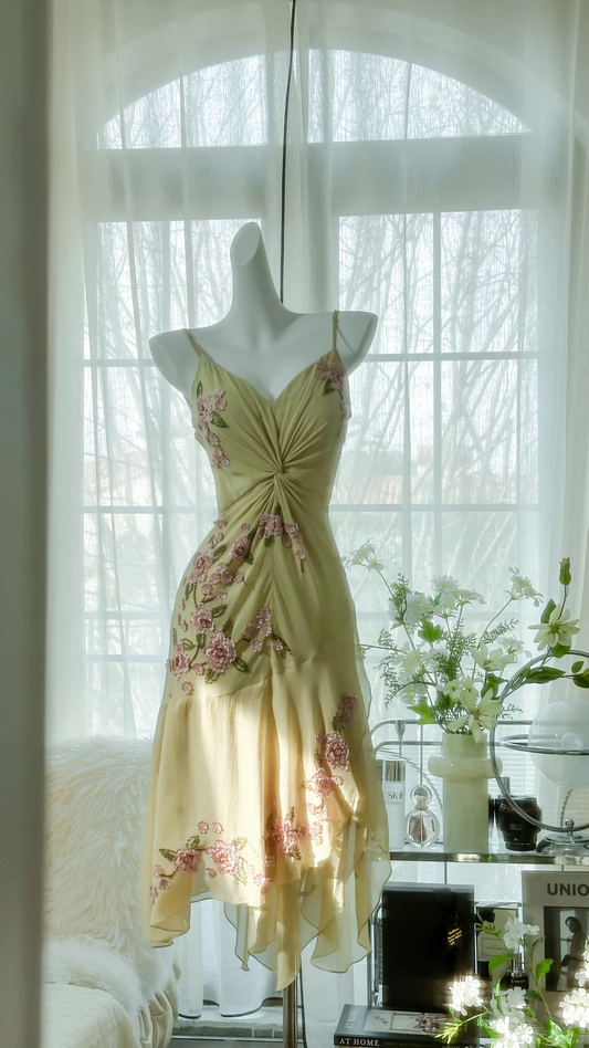 Vintage Light Green Spaghetti Strap Floral Design A-line Romantic Chiffon Evening Dress Prom Dress D1504