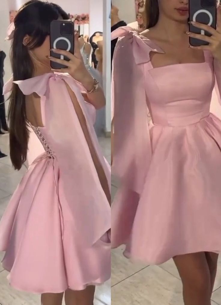 Chic Homecoming Dress Square Pink Bowknot Pleated Back to School Outfits Party Dress D6733