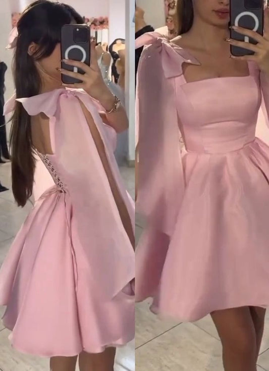 Chic Homecoming Dress Square Pink Bowknot Pleated Back to School Outfits Party Dress D6733