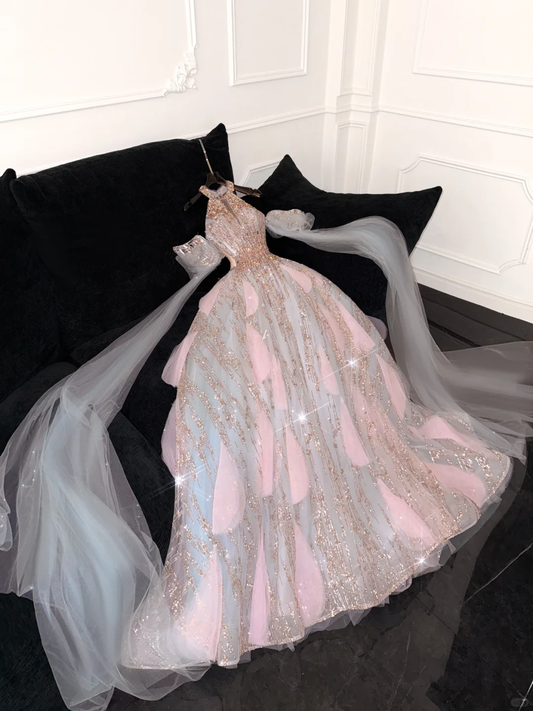 Gorgeous Shiny Pink Beaded Sequined Design A-Line Prom Dress Evening Dress D1690