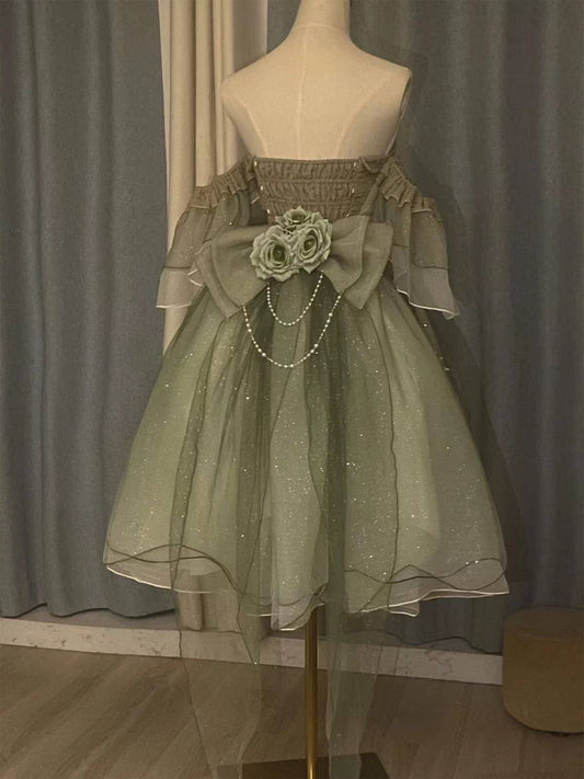 Green Off Shoulder A-Line Floral Short Party Dress Cute Mini Birthday Dress, D792