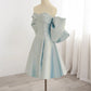 Vintage Light Blue Sweetheart Strapless Bow Design A-line Satin Party Dress Homecoming Dress D1538