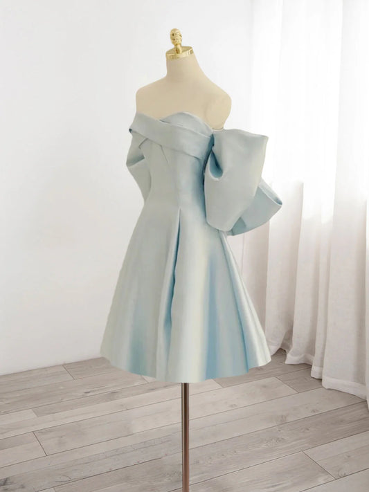 Vintage Light Blue Sweetheart Strapless Bow Design A-line Satin Party Dress Homecoming Dress D1538