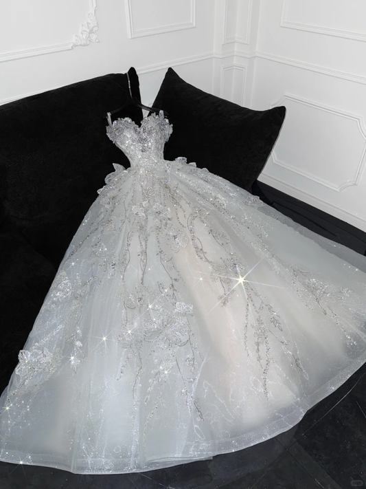 Gorgeous Shiny Beaded White Sweetheart Tulle Sequin Design Elegant A-Line Floor-length Wedding Dress D1666