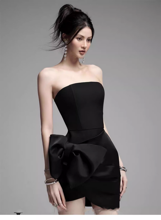 Elegant Black Strapless Bow Design A-line Satin Party Dress Homecoming Dress, D1371