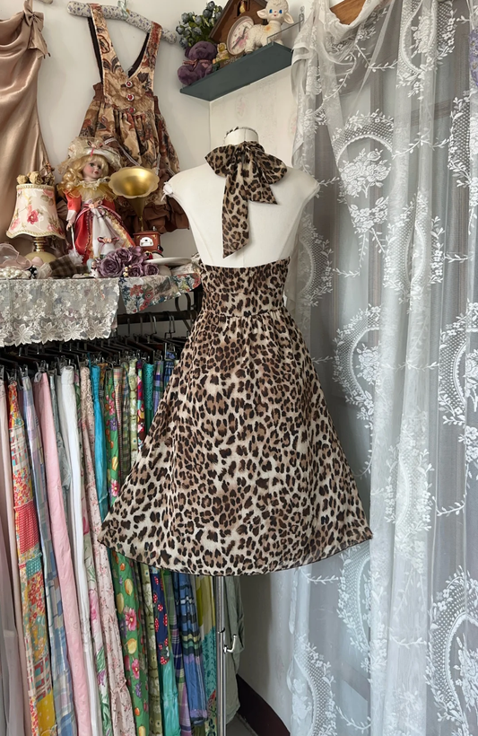 Vintage Leopard Print Halter Dress Design A-Line Homecoming Dress Party Dress D1677