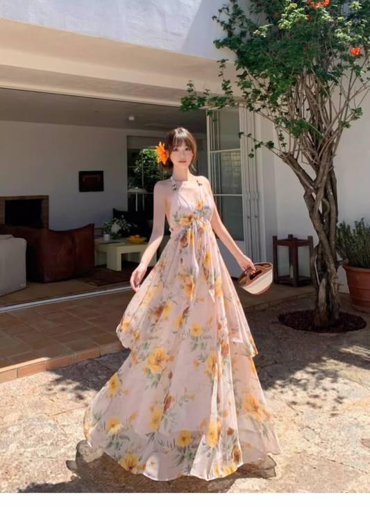 New Fashion Floral V-neck Design Elegant Beach Holiday A-line Sleeveless Halter Dress Summer Dress, D1723