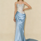 Stunning Strapless Sheath Satin Beaded Long Evening Party Dress Birthday Outfits, D980