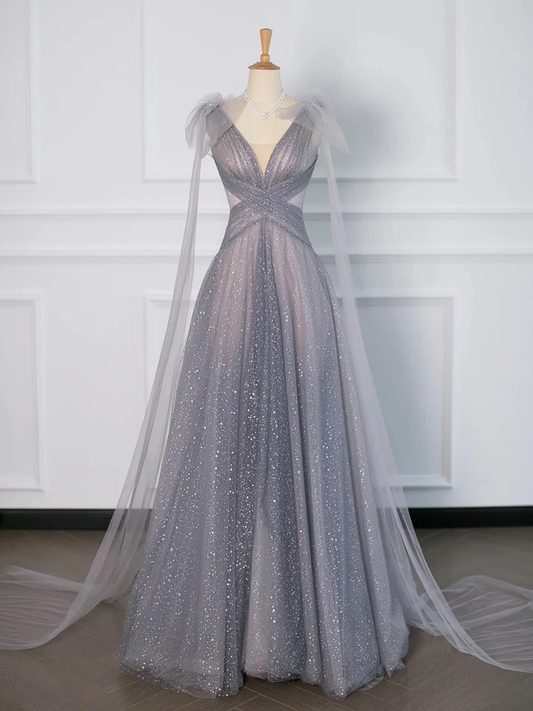 Gray Tulle V-Neck A-Line Backless Elegant Evening Party Dress MD7192