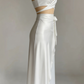 Robe de soirée longue blanche en satin à col croisé et dos nu, MD7887