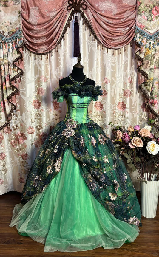 Green Off Shoulder A-Line Embroidery Tulle Long Evening Dress Birthday Ball Gown, D835