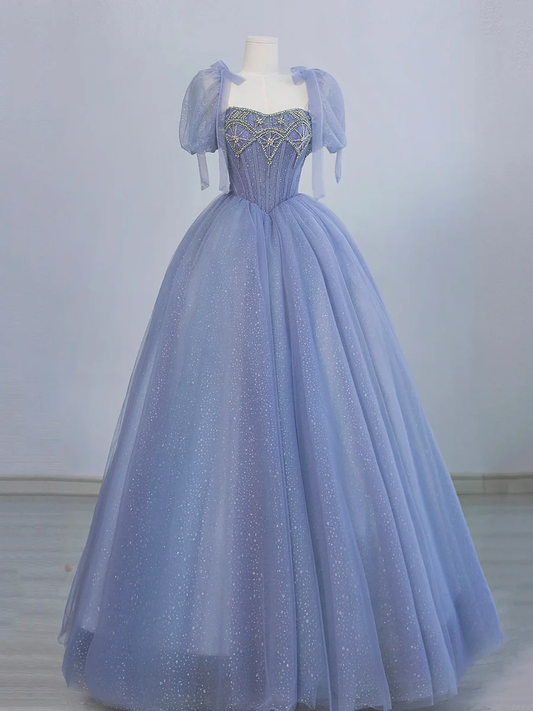 Tulle Beaded Prom Dress, A-Line Short Sleeve Evening Party Dress MD7201