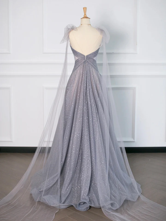 Gray Tulle V-Neck A-Line Backless Elegant Evening Party Dress MD7192