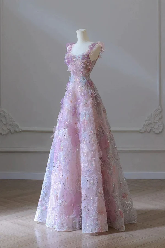 Purple 3D Flower A-Line Prom Dress, Long Party Dress  MD7227