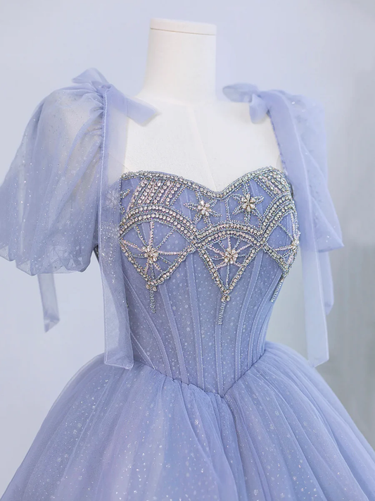 Tulle Beaded Prom Dress, A-Line Short Sleeve Evening Party Dress MD7201