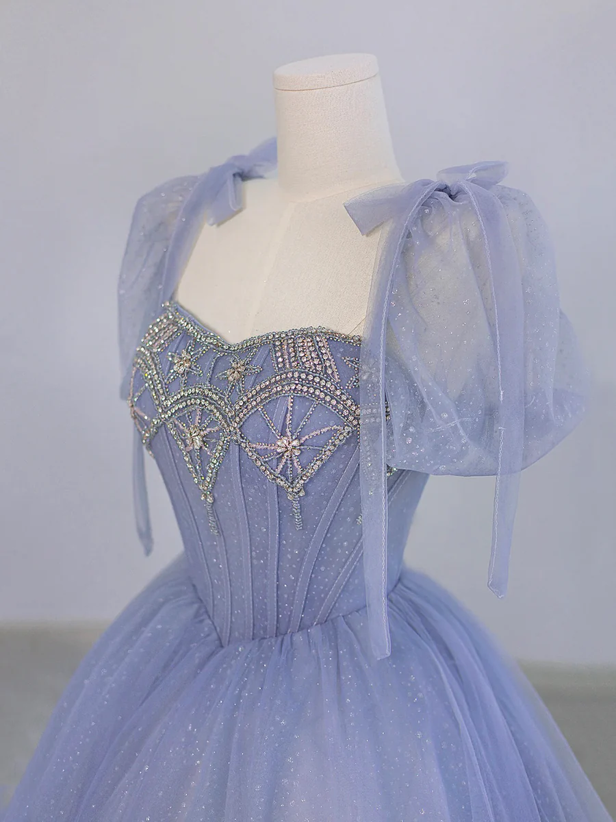 Tulle Beaded Prom Dress, A-Line Short Sleeve Evening Party Dress MD7201